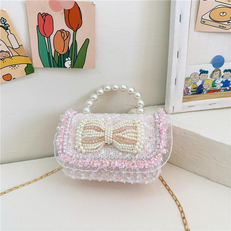 Colorful Sequin Kids Bag With Bowknot Stylish Pearl Handle Mini Crossbody Bag