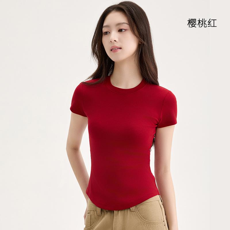 T-shirt Women's Tencel Blended Crew Neck with Chest Pad Breathable Bottom Shirt Versatile Short Sleeve Top Women's Summer