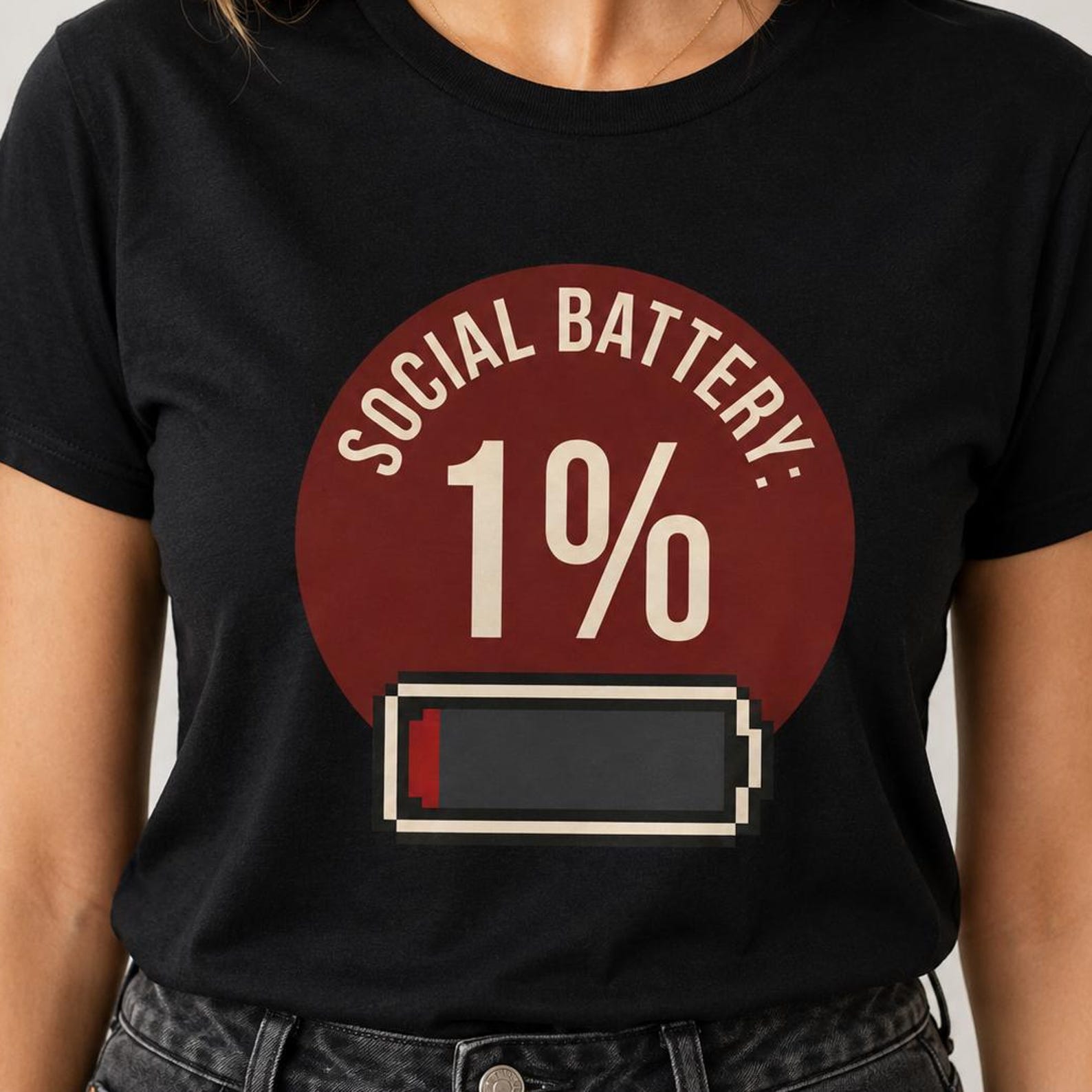 Social Battery 1% Shirt, Introvert Graphic Tee, Funny Gift for Socially Drained Friends M