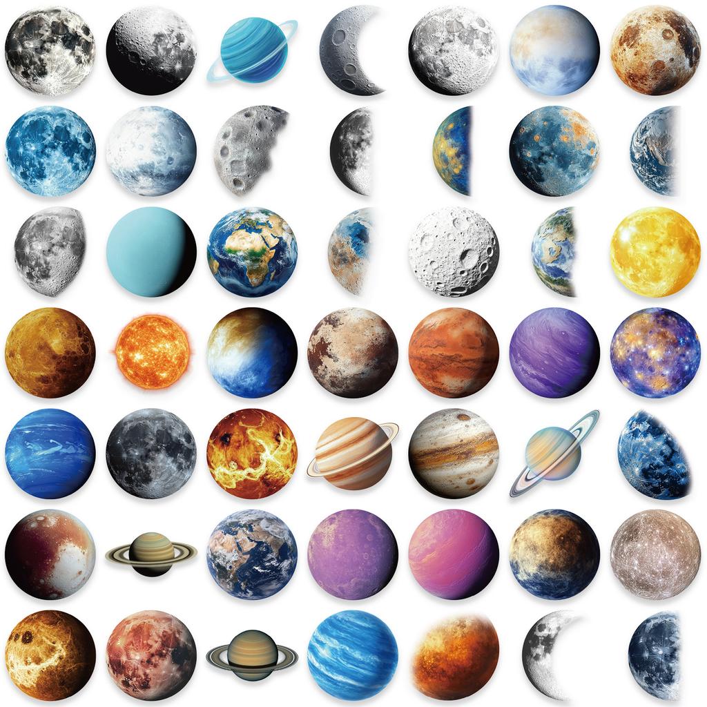 50 Cartoon Planet Stickers Pack Waterproof Transparent PET Hand Account Children's Material Decorative Guitar Notebook