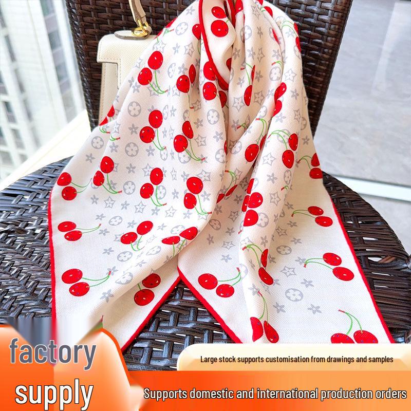 2025 Summer Women's Cherry Mulberry Silk Square Scarf - Elegant Necktie & Neckerchief