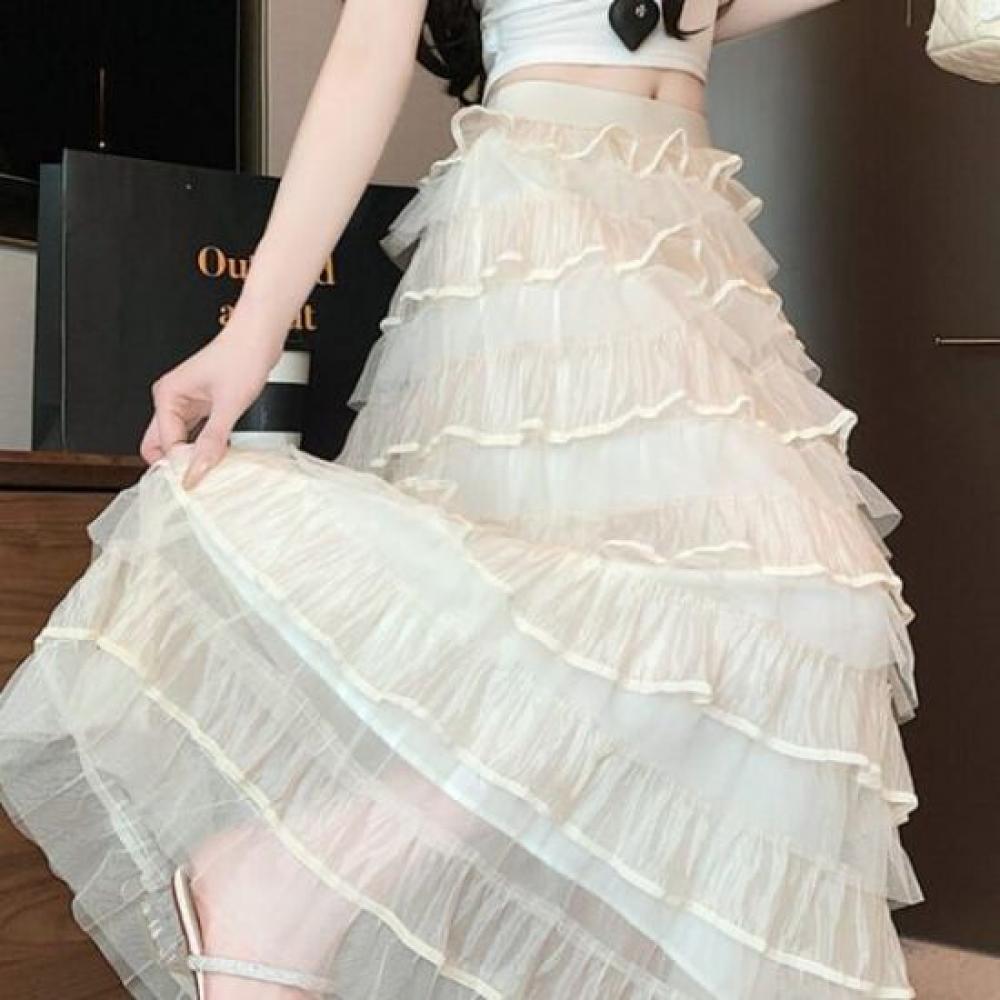 Navava Women Romantic Frill Banding Long Skirt Ns459