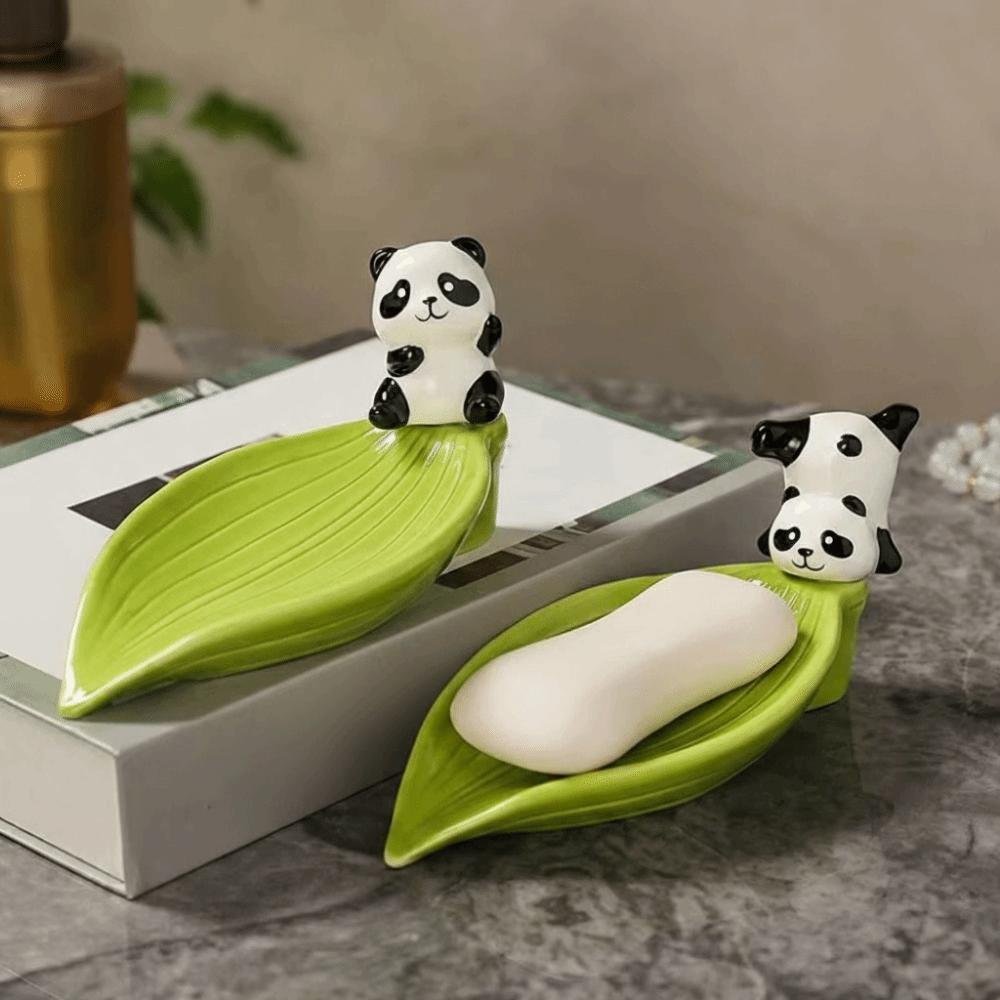 Bamboo Panda Soap Dish Cute Soap Tray Green Soap Rack  Kitchen