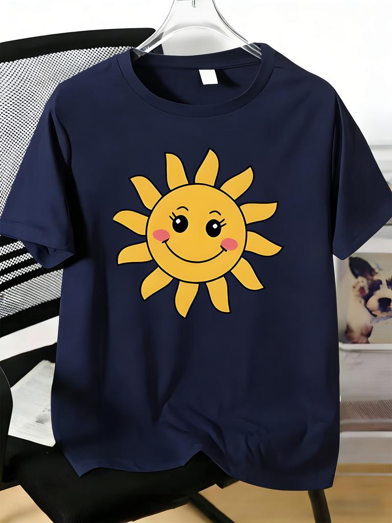 Unisexs Tee Cute Blush Smiling Cartoon Sun Face Print Cotton Short Sleeve Male Casual Streetwear Outdoor Daily Basic Fashion Top