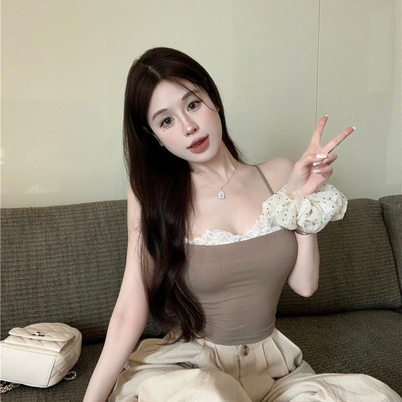 Women's Summer Lace Camisole Short Ruffled Vest Patchwork Slim Fit Lining Hot Girl Chest Pad Sexy Top