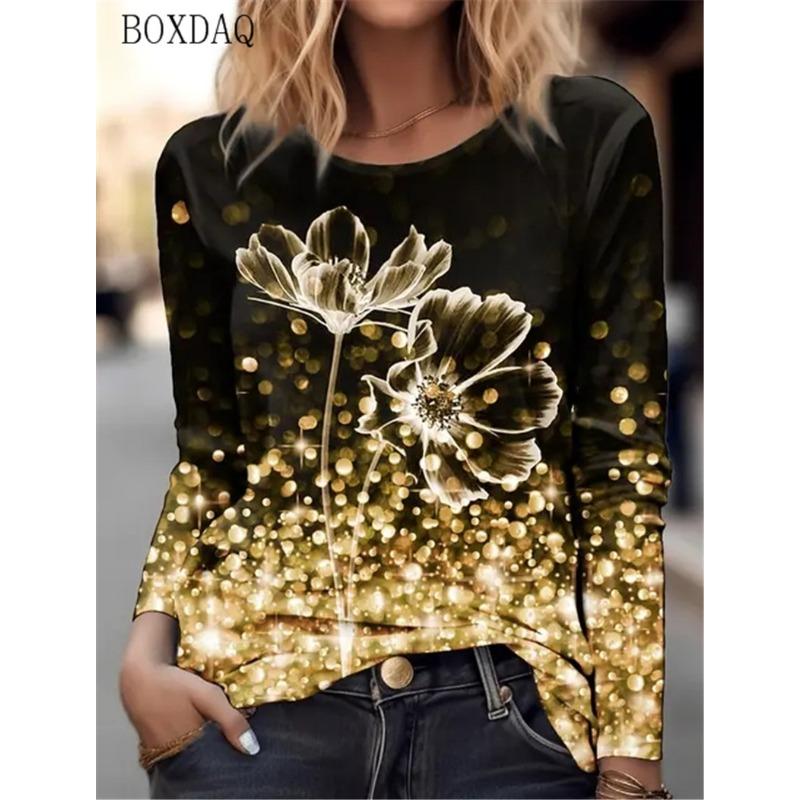 Tie-dye Gradient Floral Pattern Women T-Shirts Spring Autumn Long Sleeve 3d Print Street Style Lady Tee Casual Tops