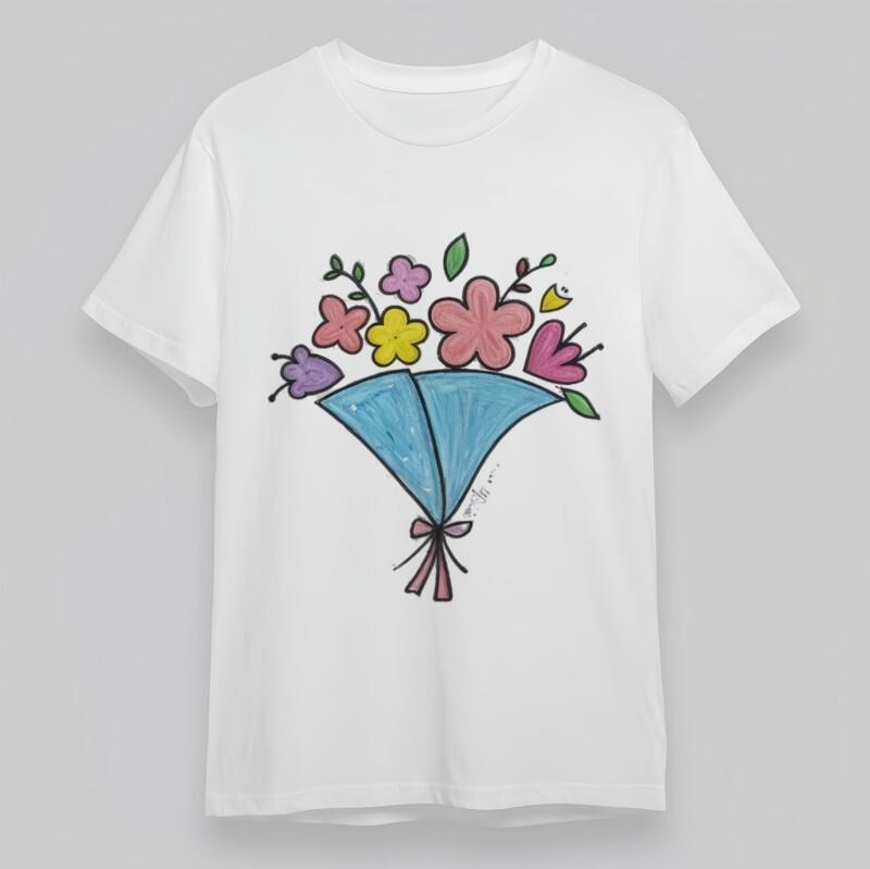 

Женская футболка большого размера, классическая, с нарисованным вручную букетом цветов, пастельная, хлопковая M