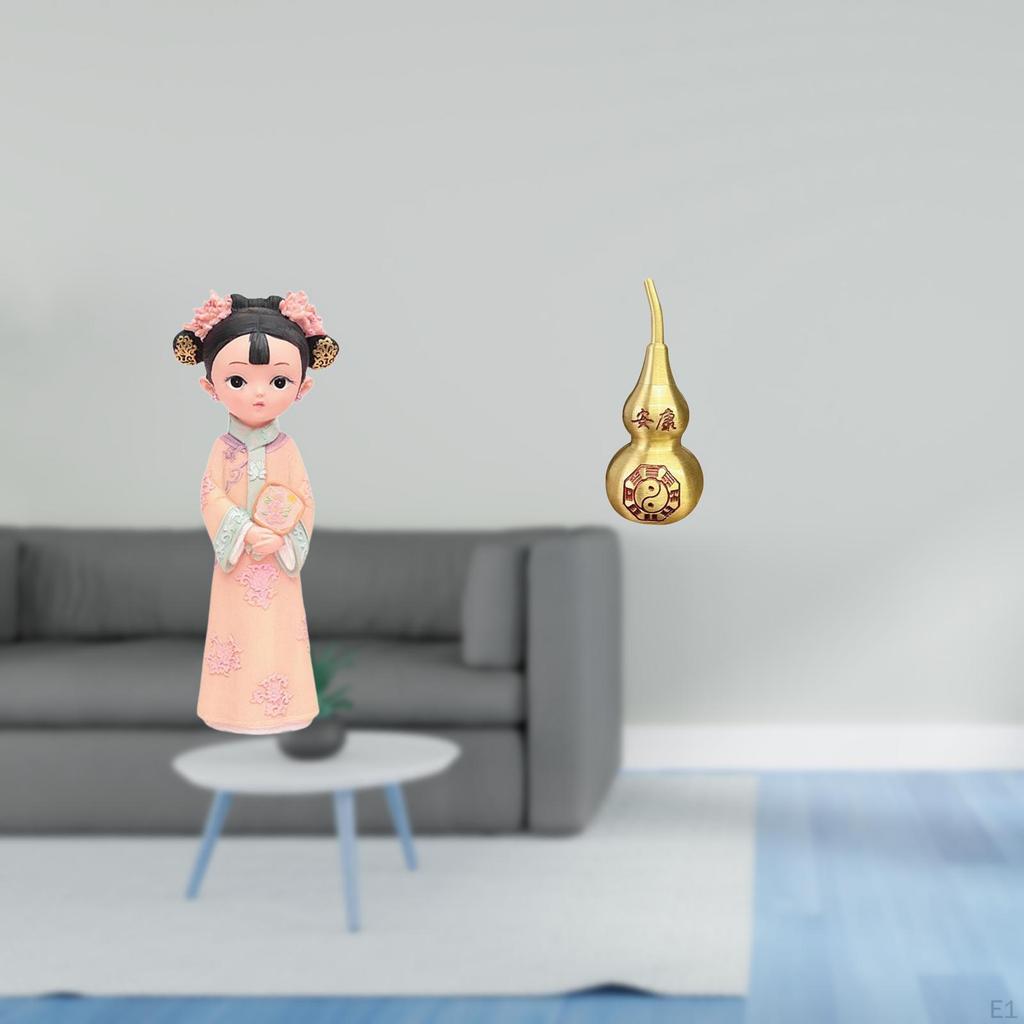 Traditional Chinese Girl Resin Brass Gourd Statue Sculpture Miniature Figurine Feng Shui Ornament