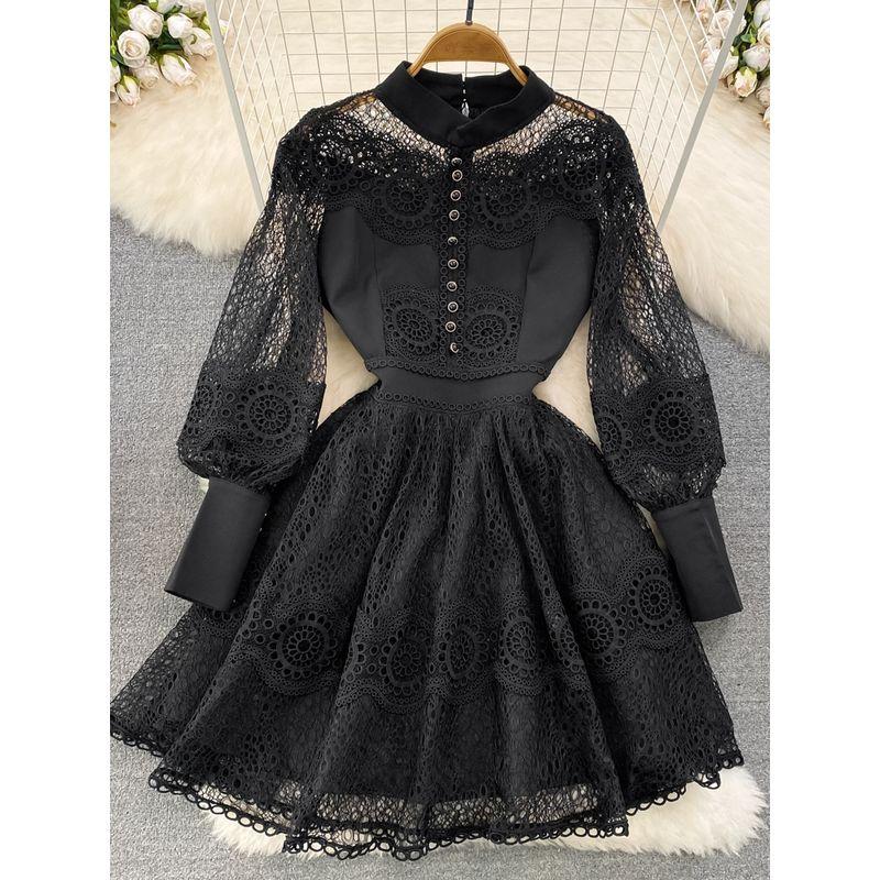 Retro Long Sleeves Stand Collar Crochet A- line Dress Lace