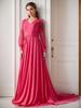 Elegant European & American Solid Color V-Neck Long Sleeve Evening Gown with Big Swing