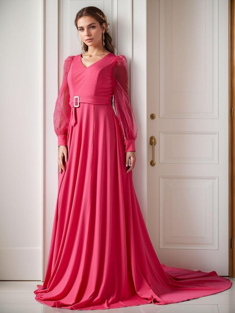 Elegant European & American Solid Color V-Neck Long Sleeve Evening Gown with Big Swing