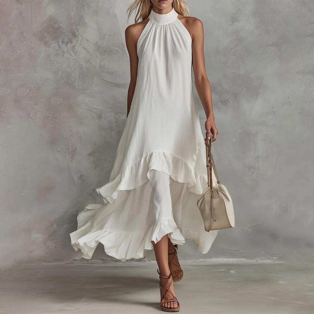 Women's Summer Retro Elegant Casual Round Neck Sleeveless Ruffled Midi Beach Dress