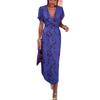 European and American women's clothing fashion pleated printed long dress elegant slim V-neck short-sleeved dress