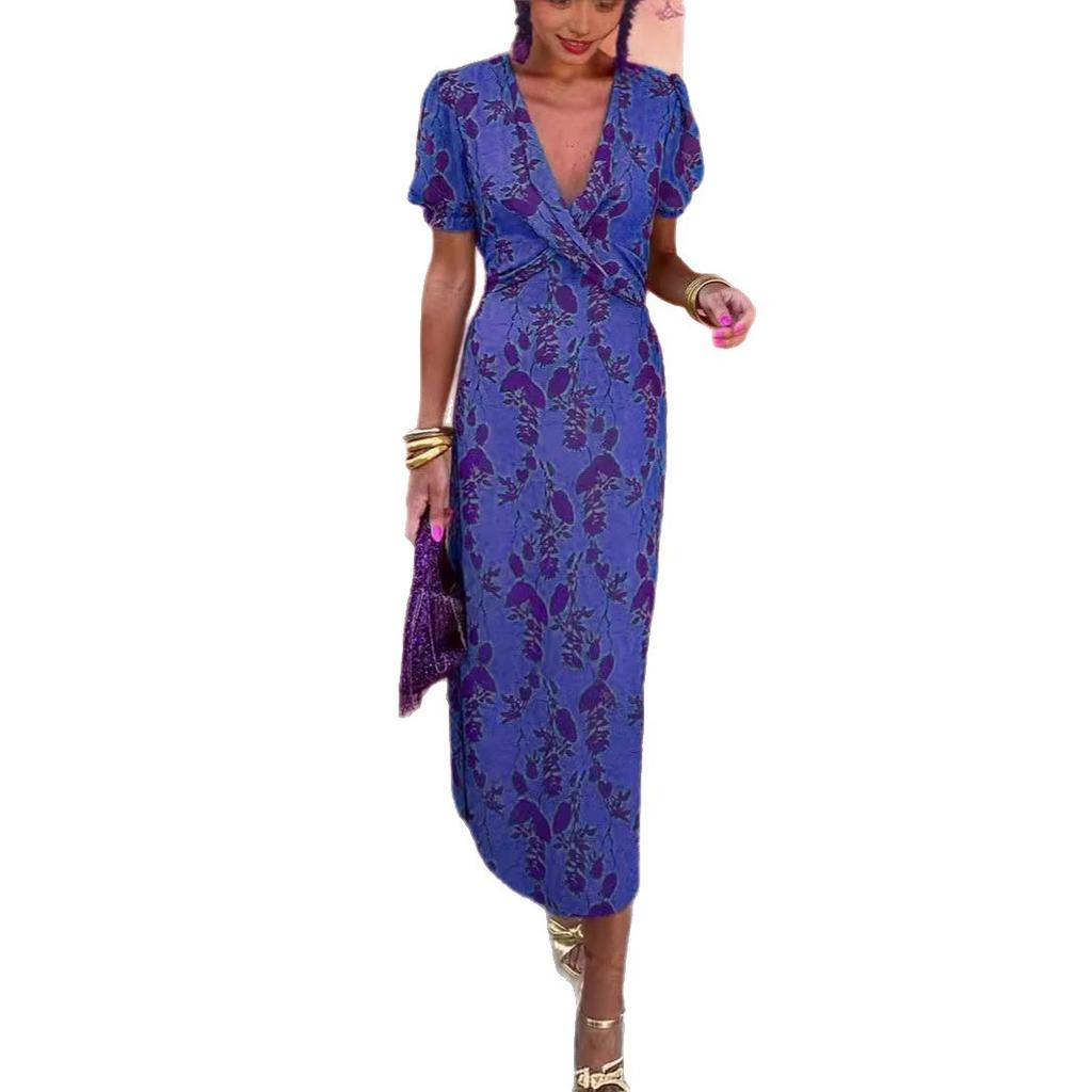 European and American women's clothing fashion pleated printed long dress elegant slim V-neck short-sleeved dress