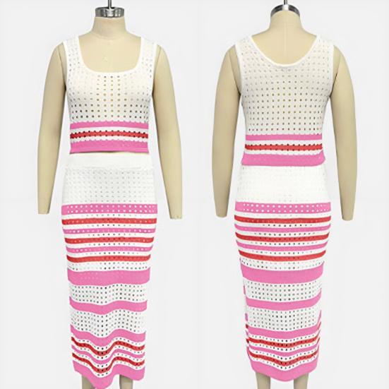 Two Piece Skirt Set for Women Striped Bodycon Slit Midi Skirt And Sleeveless Crop