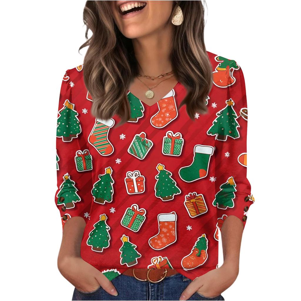 Women's Fashionable Casual Christmas Printed V-neck Top