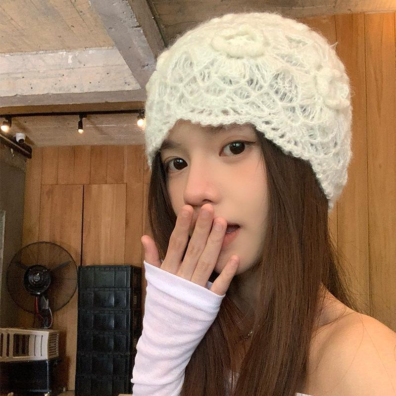 Japanische süße Spitze Hohlblumen Tasche Hut Damen Nische Literarisch und Modisch Vielseitig Handgefertigt Häkeln Gestrickter Hut