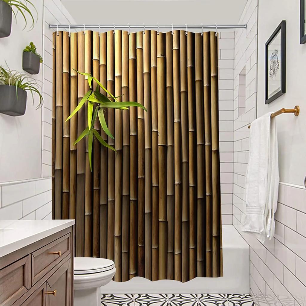 Spa Zen Duschvorhang, Grünes Blatt Zen Stein Bambus Meditationsdesign Stoff Badezimmer Vorhang Set Grüne und Weiße Duschvorhänge