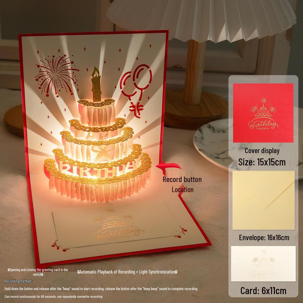 3D Pop-Up Birthday Sound Card with Recording Light - Cake Design for Boyfriend/Girlfriend Gift