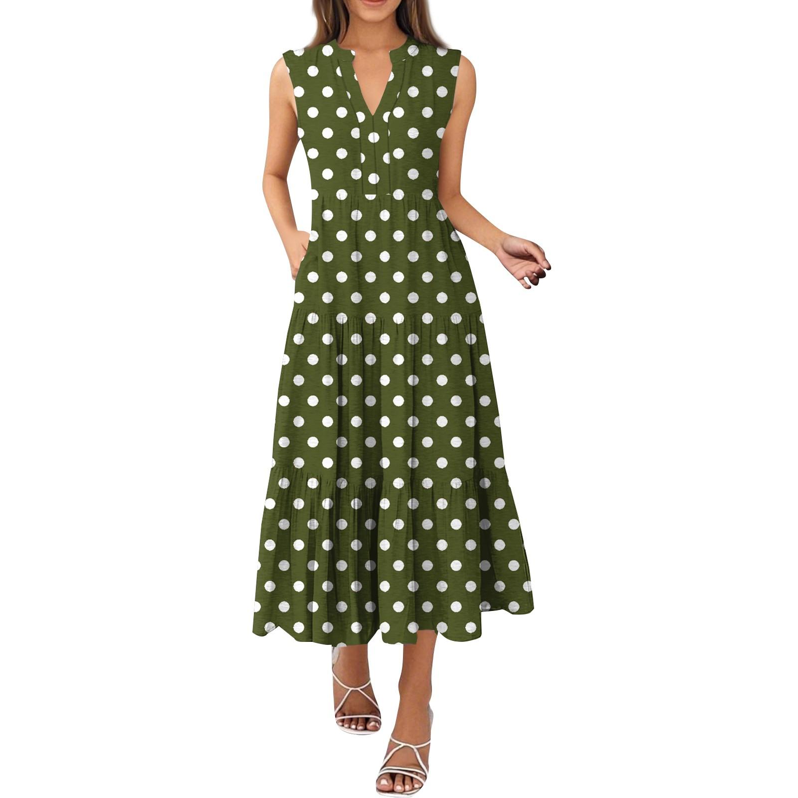 Women s Fashion Summer V-Neck Sleeveless Polka Dot Printed Pleated Dresses XXXL армия зеленый