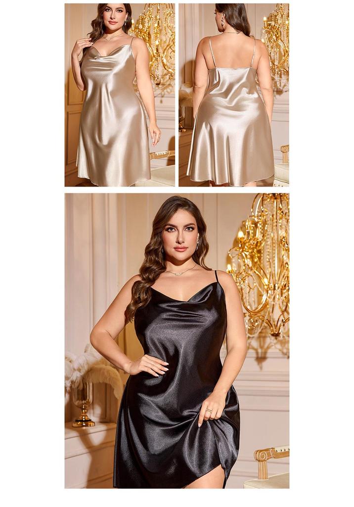 Plus Size Faux Silk Camisole Dress - Spring/Summer Sexy Casual Sleepwear for Women