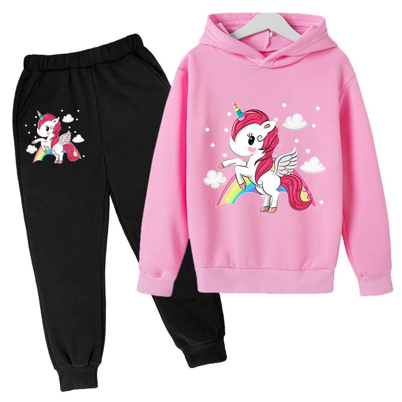 Girls' Hoodie Set Casual Sports Hoodie Set Cartoon Unicorn Print Spring and Autumn CuHK Children Long-sleeved Two-piece Set