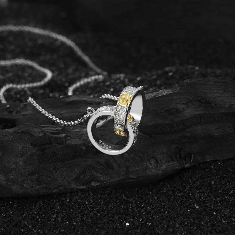 S925 Sterling Silver Double Ring Gold Tang Grass Pattern Pendant Necklace Light Luxury Women's Fashion Simple Elegance Versatile Senior Design