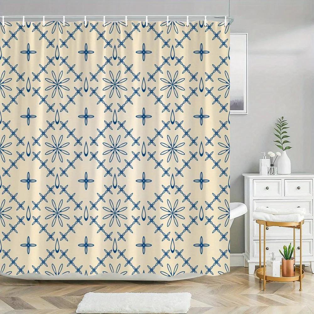 

Blue Floral Cross Motif Shower Curtain - Light Beige Background, Symmetrical Design,Easy Care, Stylish Bathroom Decor W90xH180cm