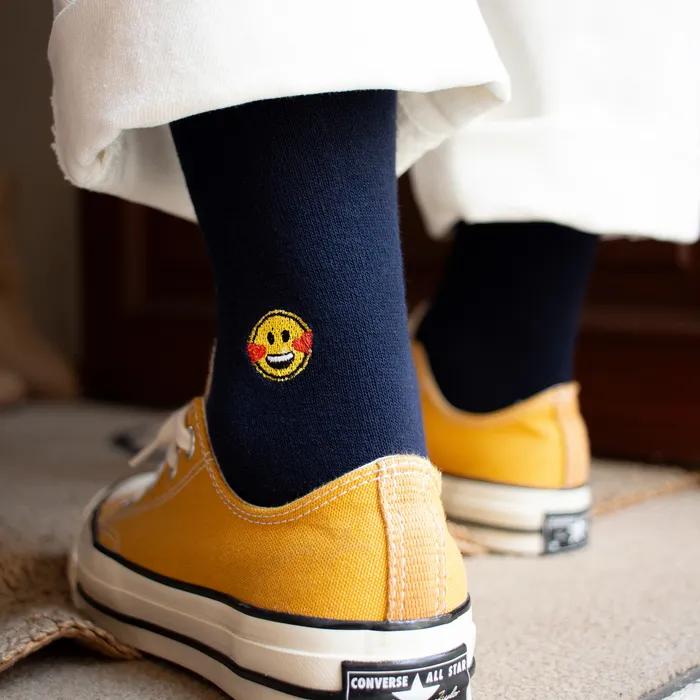Heart Smile Emoji Embroidered Socks - Dark Navy