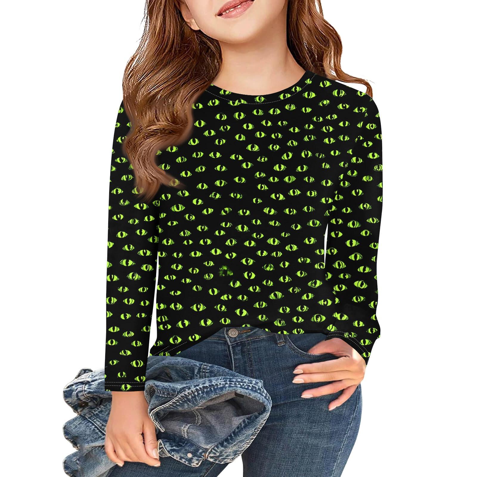 

Girls Long Sleeve T Shirts Kids Fall Tops Crewneck Halloween Printed Basic Tees 3-9Y 160 зелений