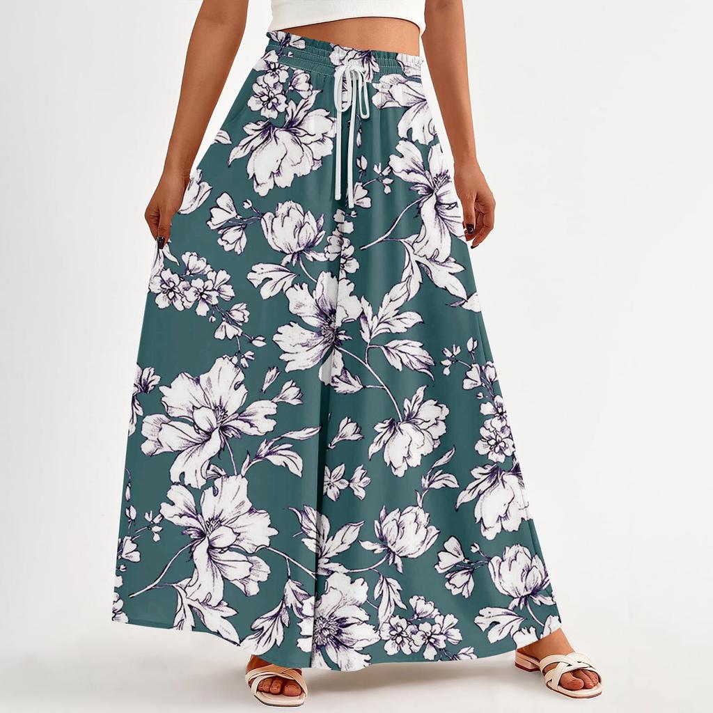 Women's High Waisted Wide Leg Pants Summer Casual Flowing Pocket Wide Leg Pants Floral Print Beach Pants