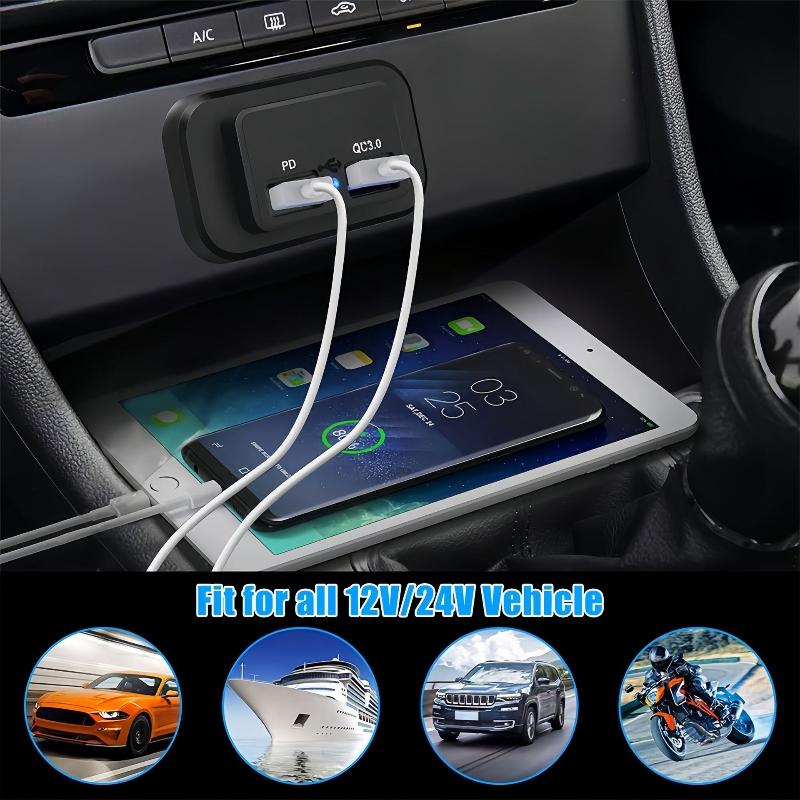 1 Set 18W Qc3.0 Usb A Port & 30W Pd Usb C Port 12V Rv Usb Outlet Charging Socket Panel With Led Light For Car Marine