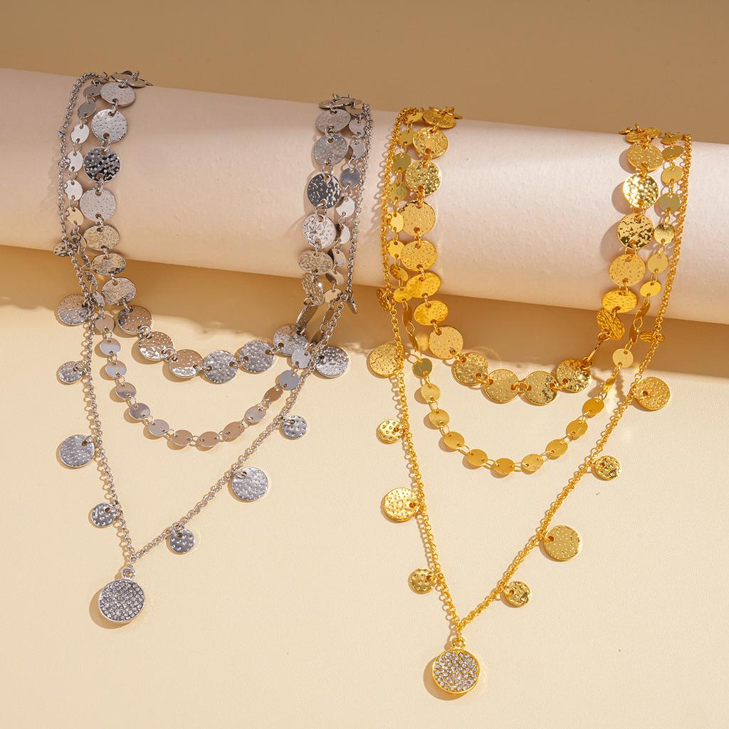 Three-piece Diamond-encrusted Multi-layer Geometric Round Sequined Necklace Necklace