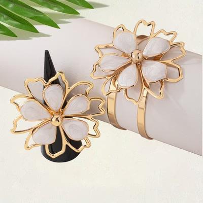 Color Sweet Small Fresh Flower Bracelet Ring Set, Simple Design Hollow Double-layer Petal Jewelry Set