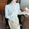 Fashion New 2024 Autumn Long Sleeve Bow Collar Casual Print Chiffon Blouse Shirt Women Tops Blouses Shirts J511
