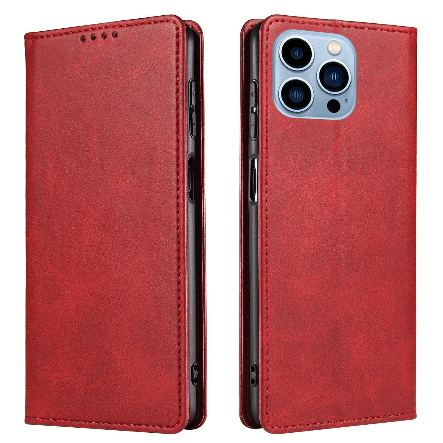 

Flip Phone Case Wallet for iPhone 13 Pro Max 6.7 inch,Magnetic Leather Stand Calf Texture Cover Red