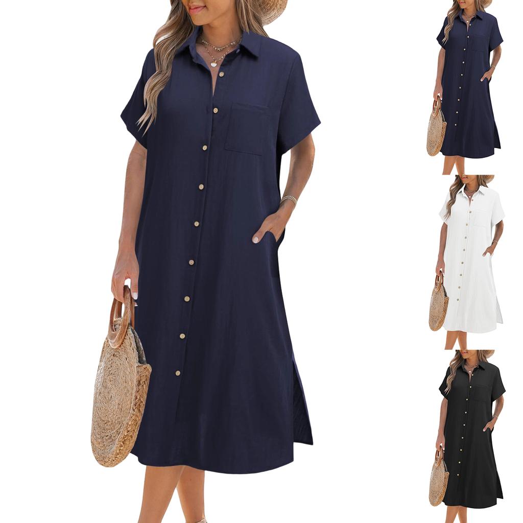 Women Dresses Summer Casual Short Sleeve Button Down Shirt Dresses Beach Cover Up With Pockets