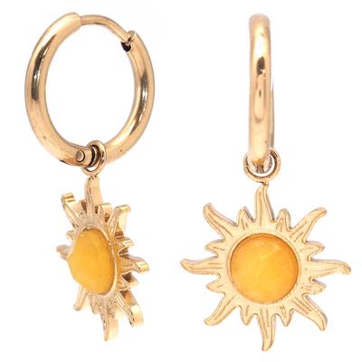 [Q8570] - Designer Steel Hoop Earrings 'Soleil' Golden Yellow Agate - 15 Mm - 15 Mm