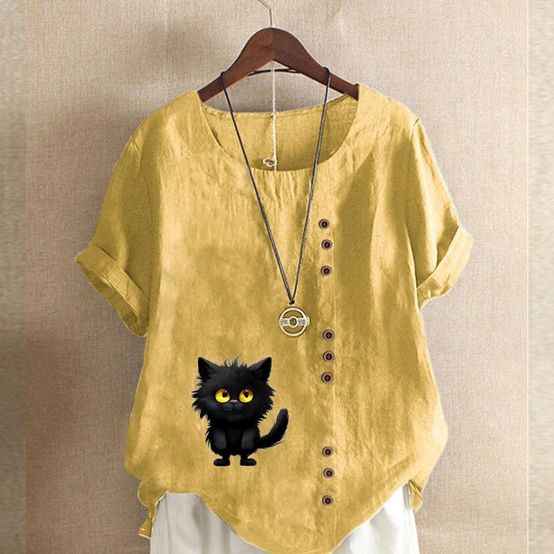 Damenmode, T-Shirt mit schwarzem Katzen-Print, kurzärmelig, lockeres Baumwollhemd, lässige Sommerbluse, Tops, Übergröße
