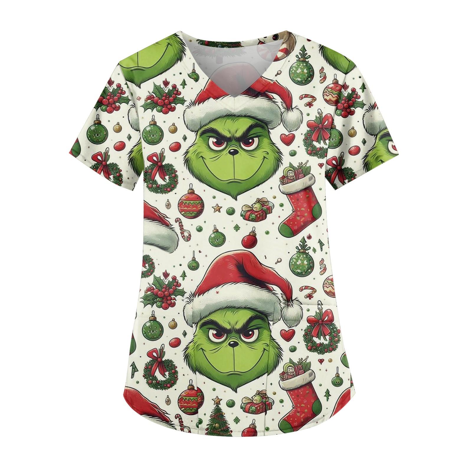 

Плюс Размер Печатный Рабочий Униформа Топы Для Женщин Крест V-образный вырез Печати Короткий Рукав Забавные Футболки Рабочая Одежда Футболка С Карманами XL зелёный