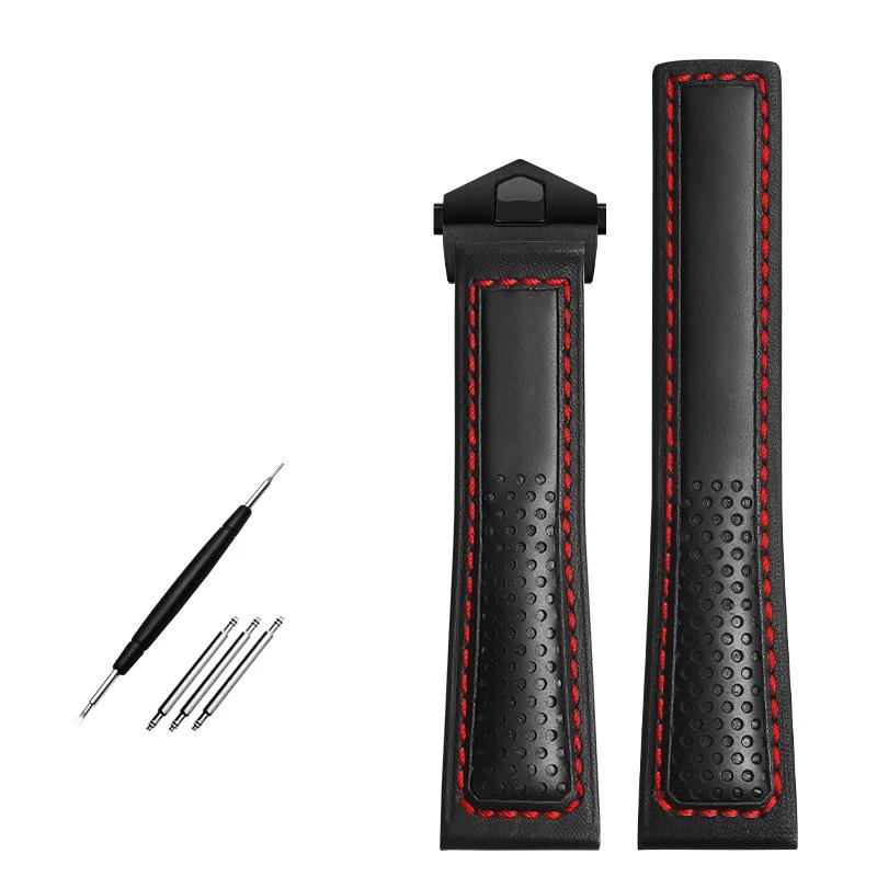 Cow Leather Watch Strap 22mm Watchband For Tag Heuer Fiyta Tissot Watch Band Red Stitches Genuine Leather Bracelet High Quality