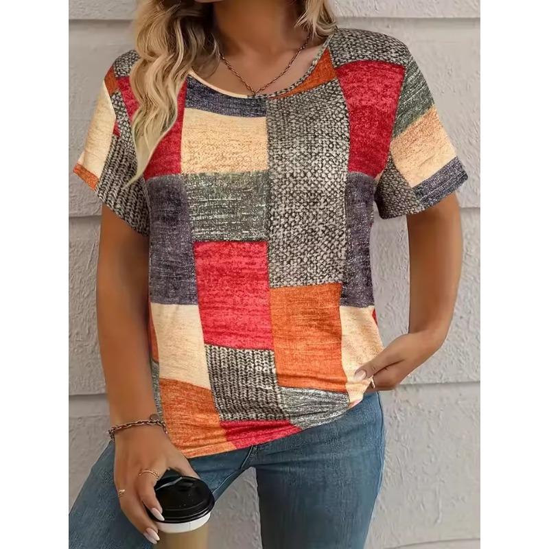 Summer Classic Women's T-shirt Round Neck Short Sleeve Tops 3D Plaid Pattern Print Outdoor T Shirts Casual Oversize Clothing