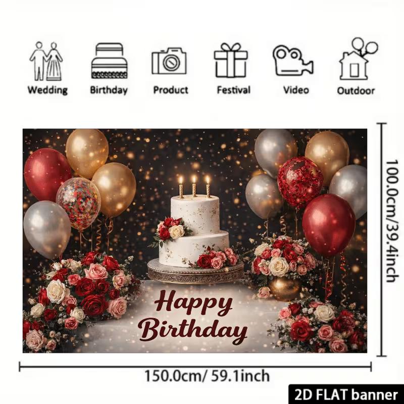 2D Flat Red Gold Birthday Backdrop Cake & Rose Background for Women Party Photoshoot