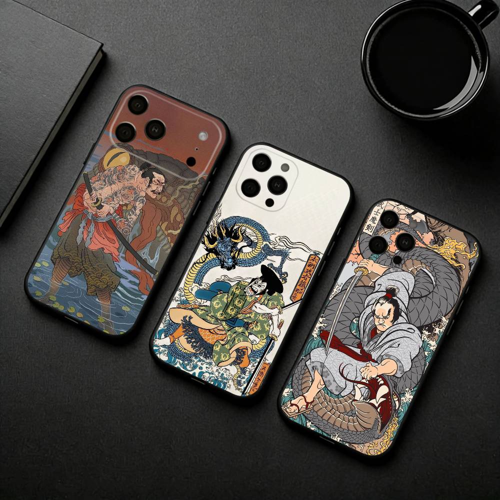 J-Japan Ukiyo-e S-Samurai Sea Phone Case For iPhone 17pro, 16,15,14,13,12,11 X XR Plus,Others Soft Black Cover