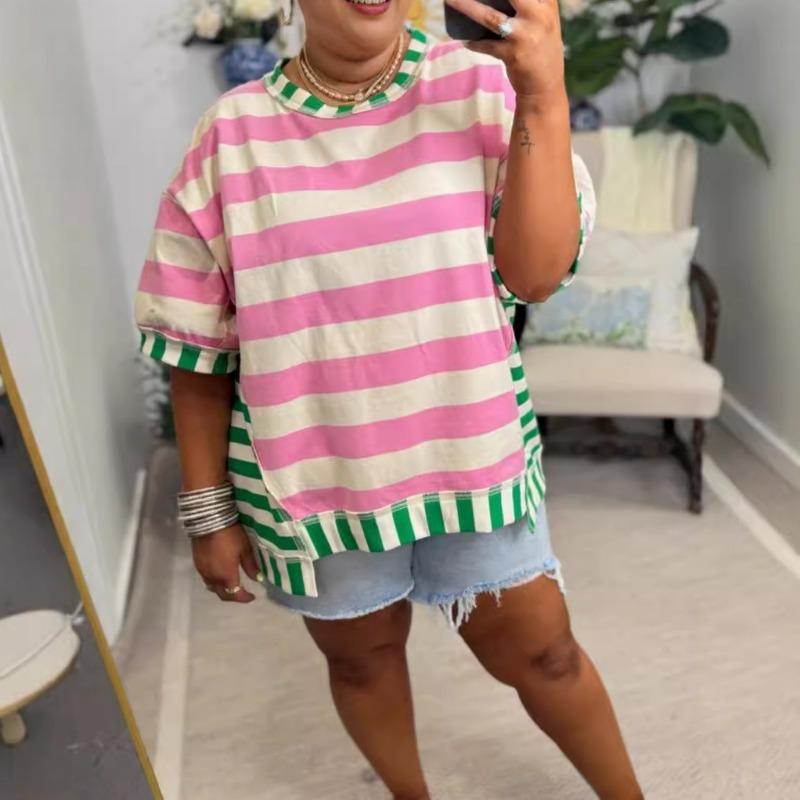 

Женская футболка больших размеров, летняя, новая, свободная, повседневная, в полоску, в стиле пэчворк XXXL розовый/зелёный
