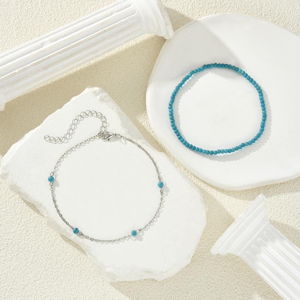2 PCS Summer Beach Turquoise Rice Beads Anklet for Women Vintage Bohemian Silver Color Foot Chain Fashion Female Seaside Jewelry