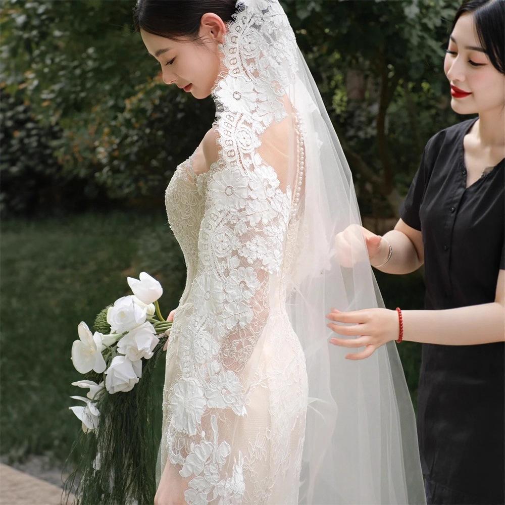 One-word Shoulder Bridal Light Wedding Dress Lace French Retro Long-sleeved Beautiful Welcome Dress Debut Banquet Fish Tail Evening Dress