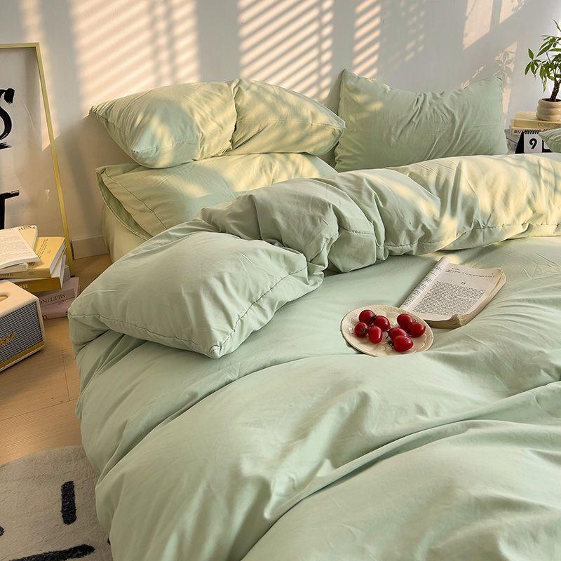 INS Korean Style Fresh Blue Duvet Cover Washed Cotton Bed Sheet Bed Skirt Four-Piece Set Dormitory Simple Solid Color Piece Quilt Cover-1
