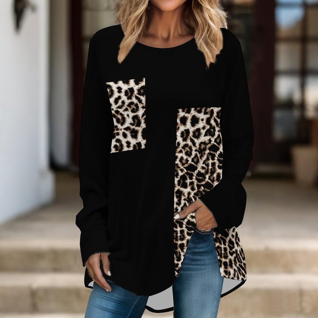 Women Long Sleeve Tunic Top Print Crew Neck Loose Fit Blouse With Pockets Casual Daily Wear Ladies Tops