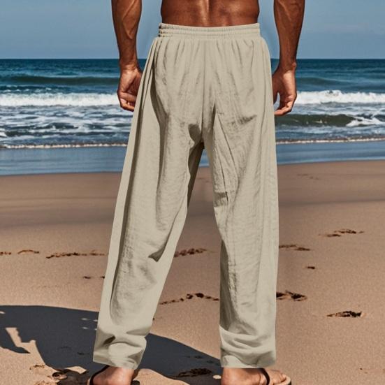 Men's Casual Linen Trousers Elastic Waist Drawstring Baggy Trousers Solid Color Loose Fit Summer Pants with Pockets for Beach Yoga Wear